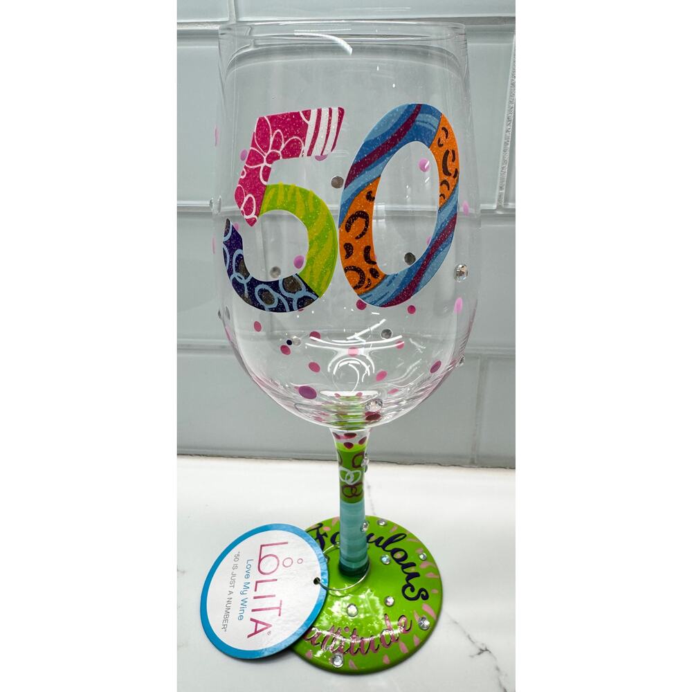 LOLITA "50 is Just a Number" 15 oz. Hand-painted Wine Glass with Box - NIB